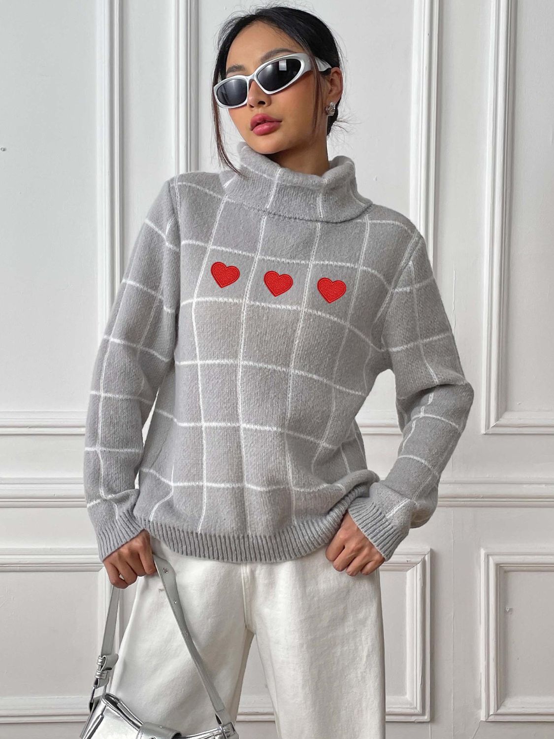 Suéter de manga larga con cuello alto y cuadros escoceses en forma de corazón