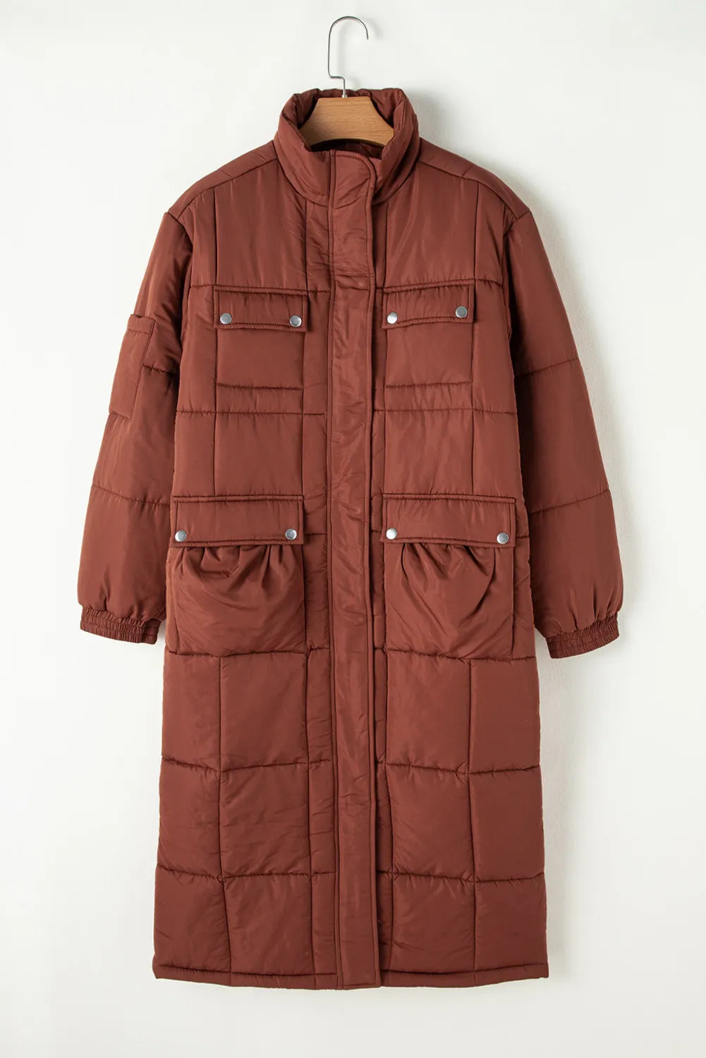 Abrigo de invierno largo de manga larga con textura de burbujas y bolsillos