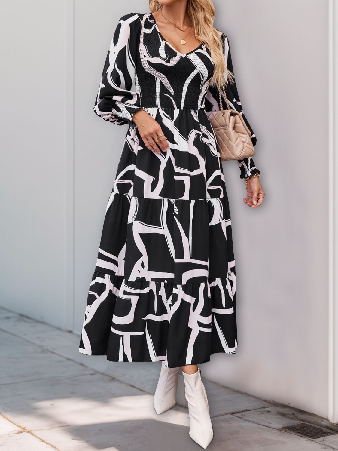 Vestido midi de manga larga con estampado fruncido Perfee
