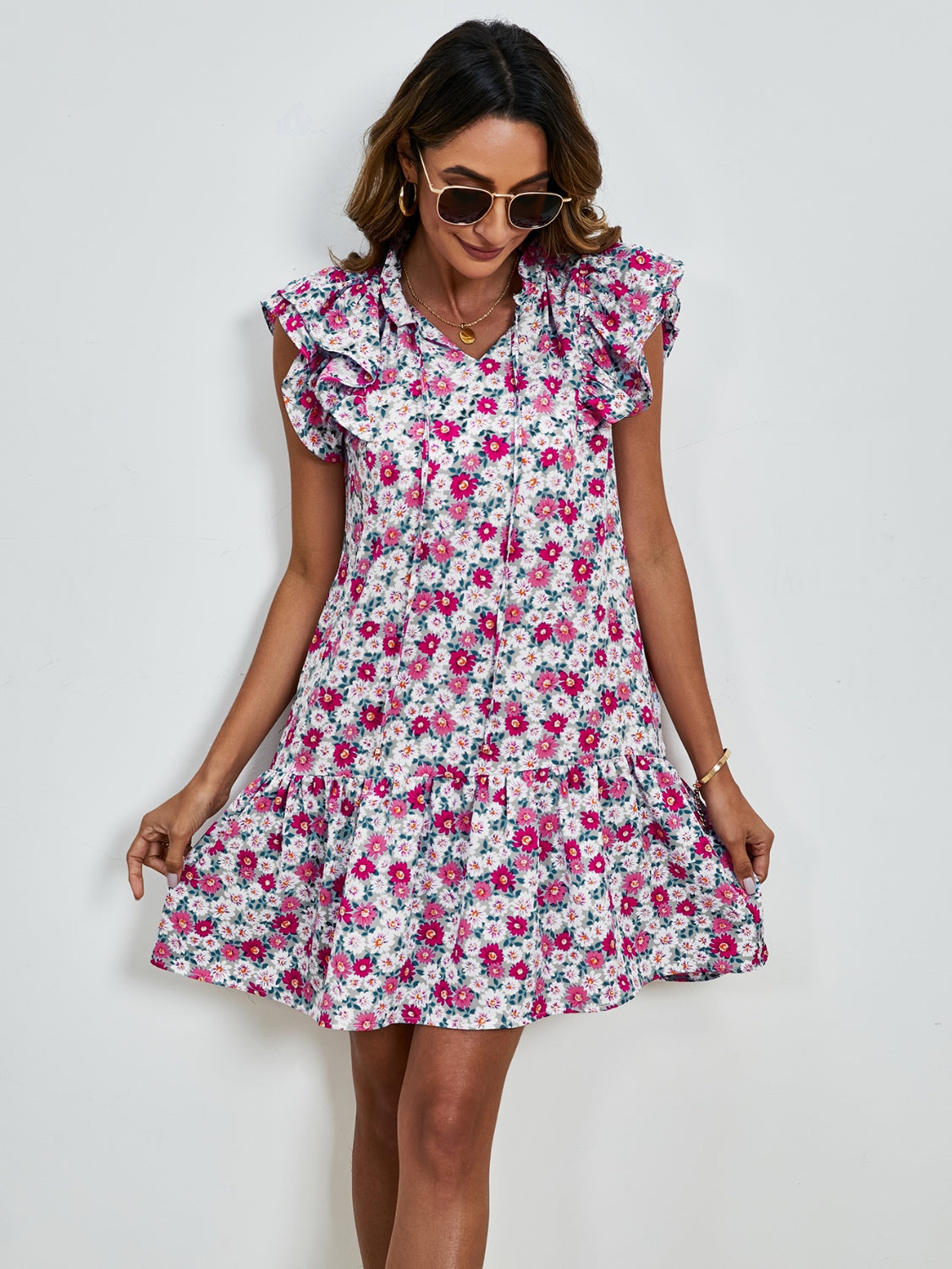 Minivestido con mangas cortas y estampado floral anudado