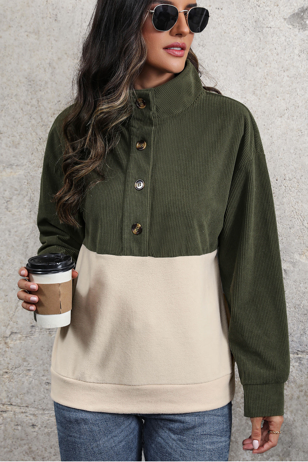 Sudadera con medio botón y diseño de bloques de color acanalados Perfee