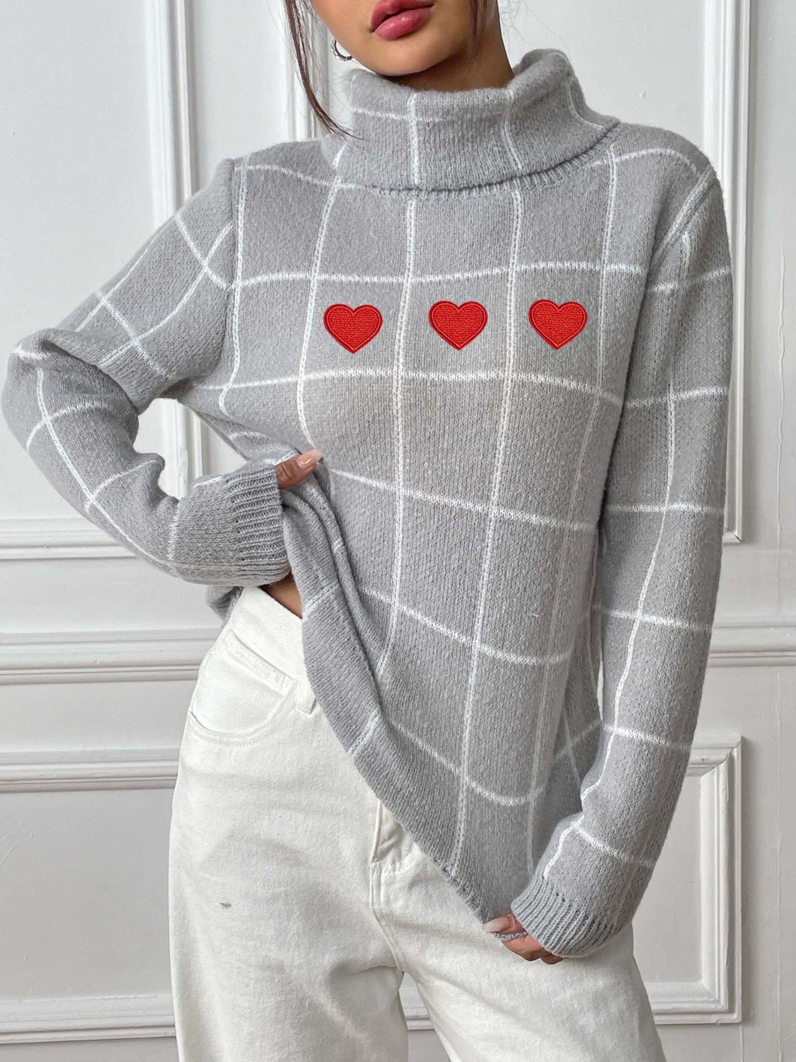 Suéter de manga larga con cuello alto y cuadros escoceses en forma de corazón