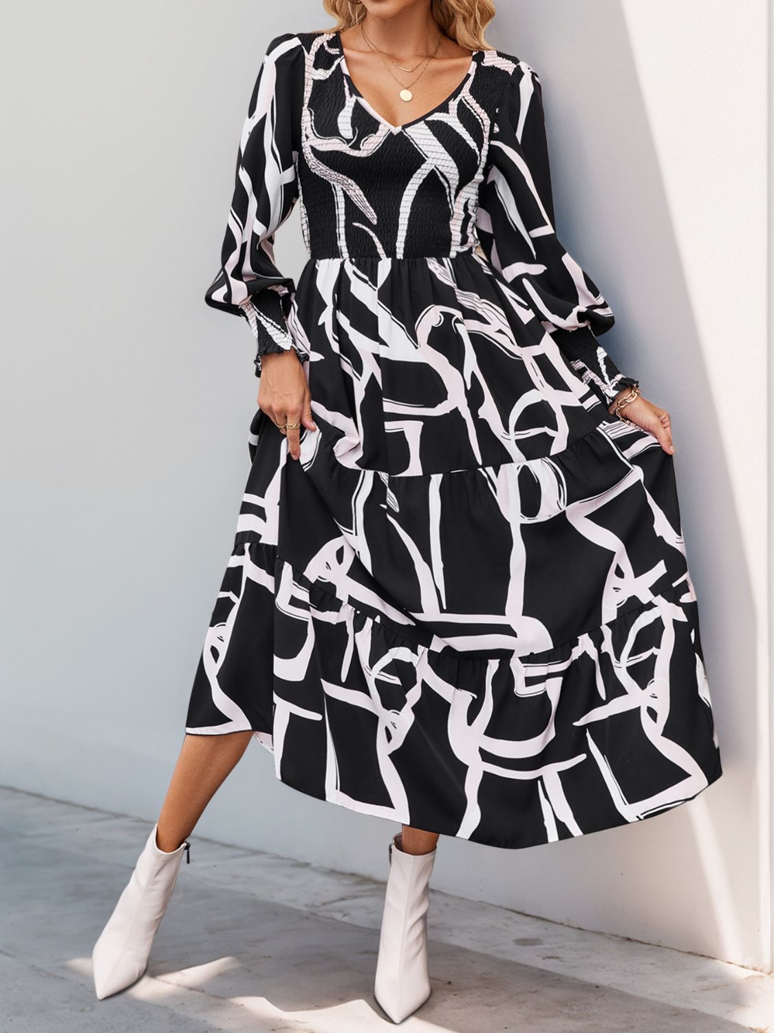 Vestido midi de manga larga con estampado fruncido Perfee