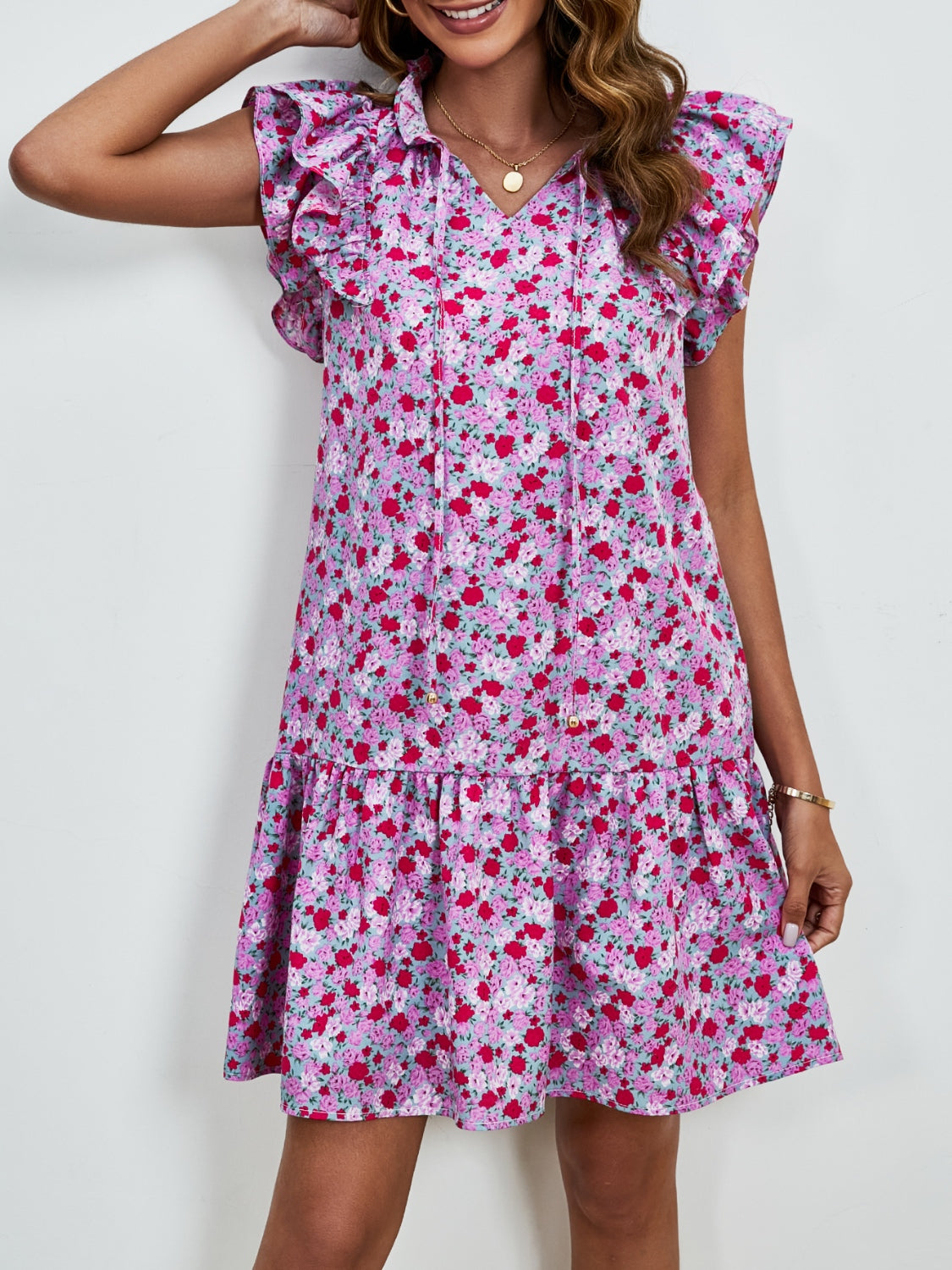 Minivestido con mangas cortas y estampado floral anudado
