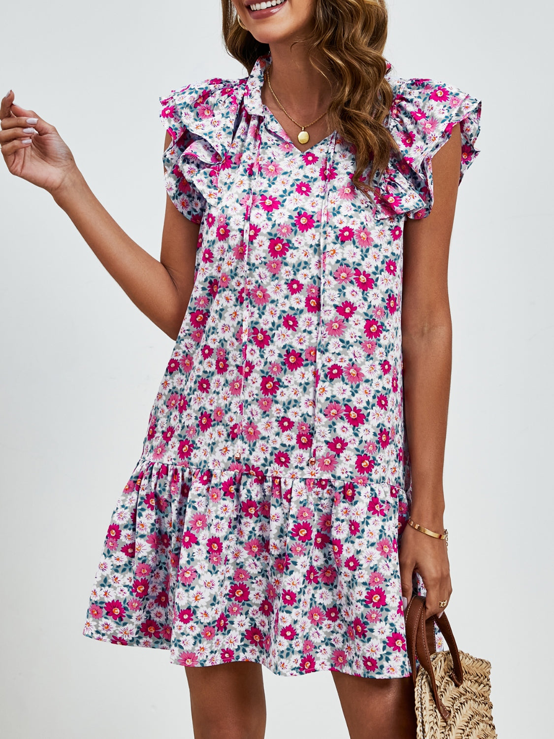 Minivestido con mangas cortas y estampado floral anudado