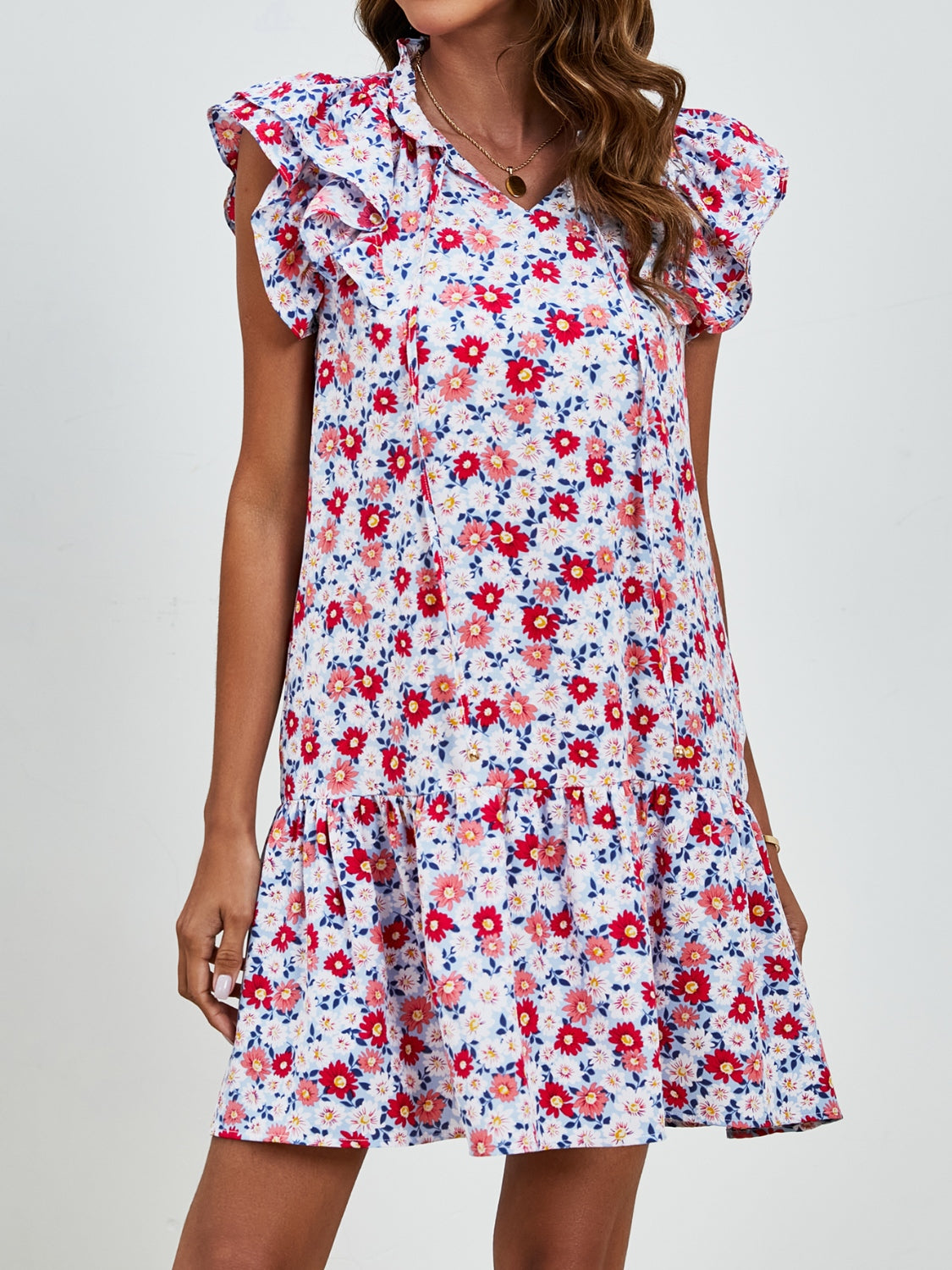 Minivestido con mangas cortas y estampado floral anudado
