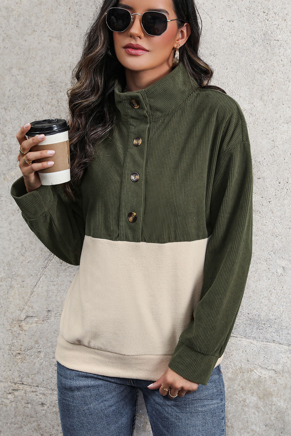 Sudadera con medio botón y diseño de bloques de color acanalados Perfee