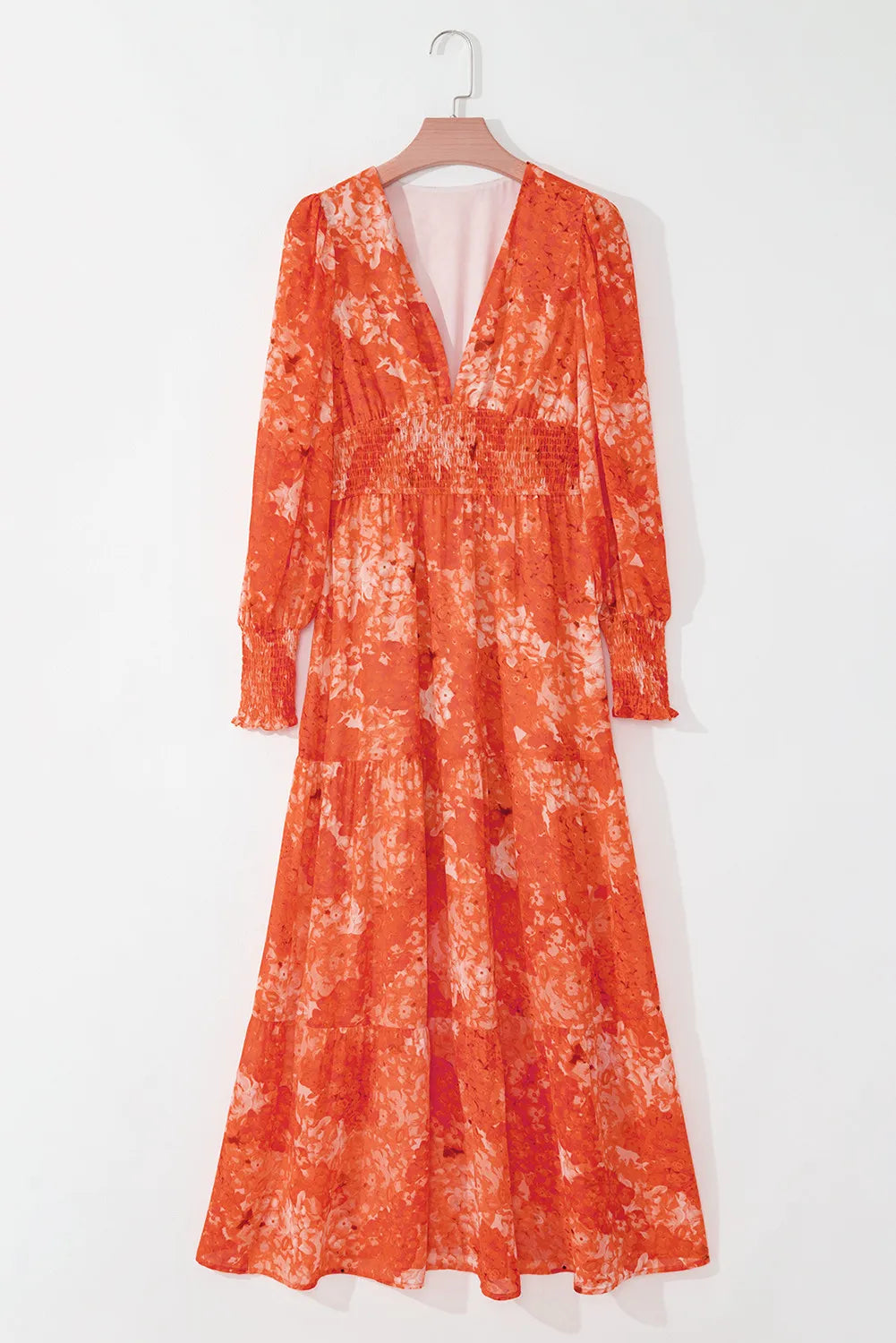 Vestido de manga larga con escote en V y estampado fruncido