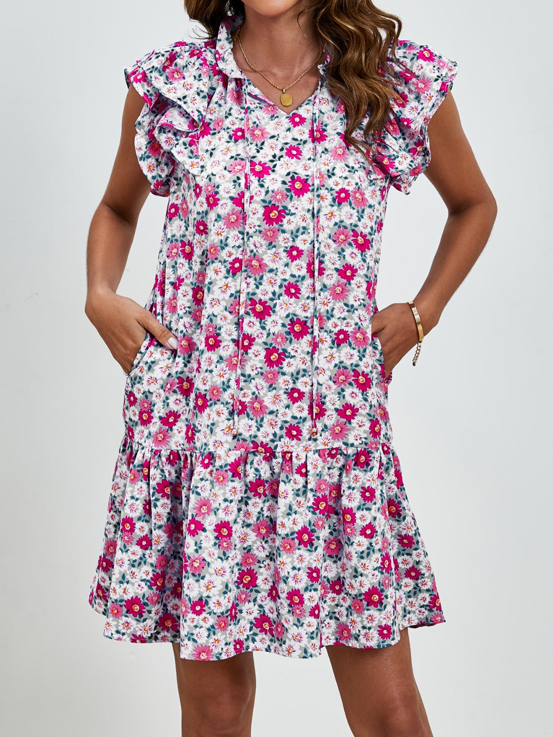 Minivestido con mangas cortas y estampado floral anudado