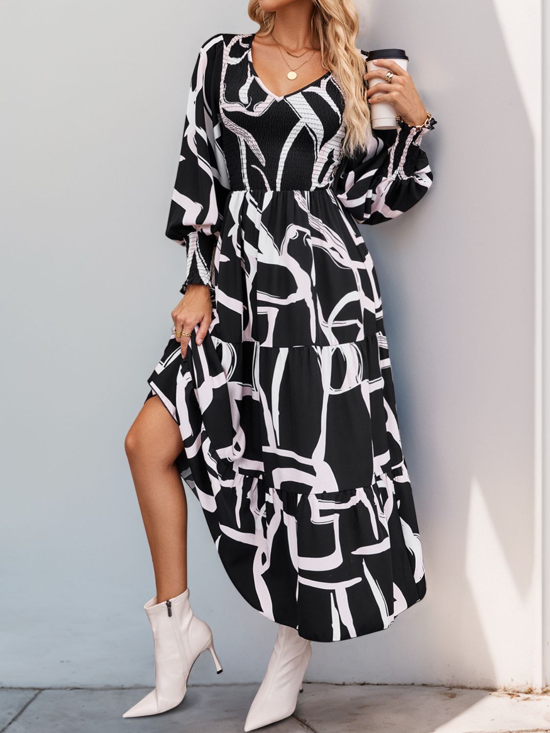Vestido midi de manga larga con estampado fruncido Perfee