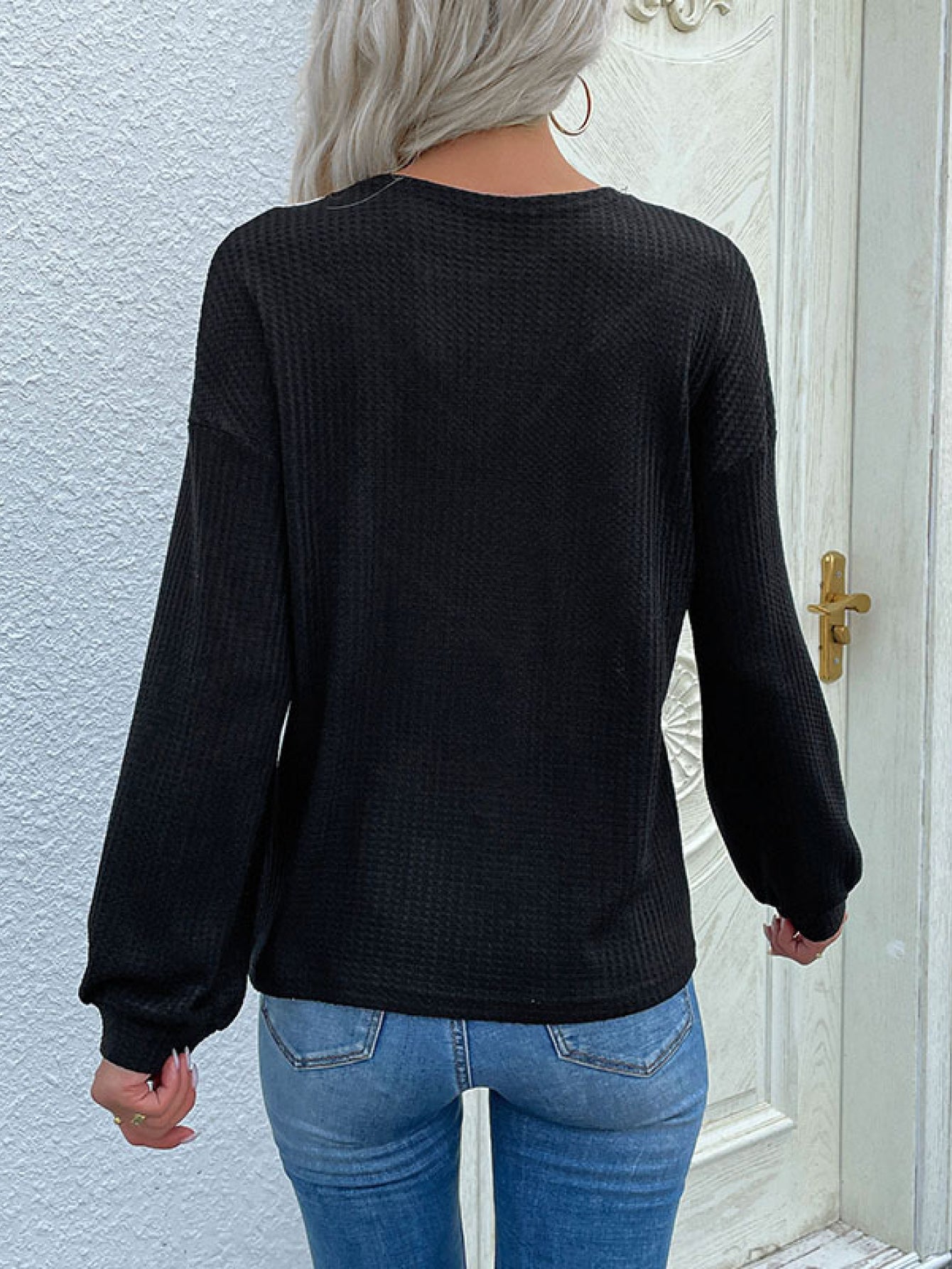 Blusa de punto gofre con canesú de encaje Perfee