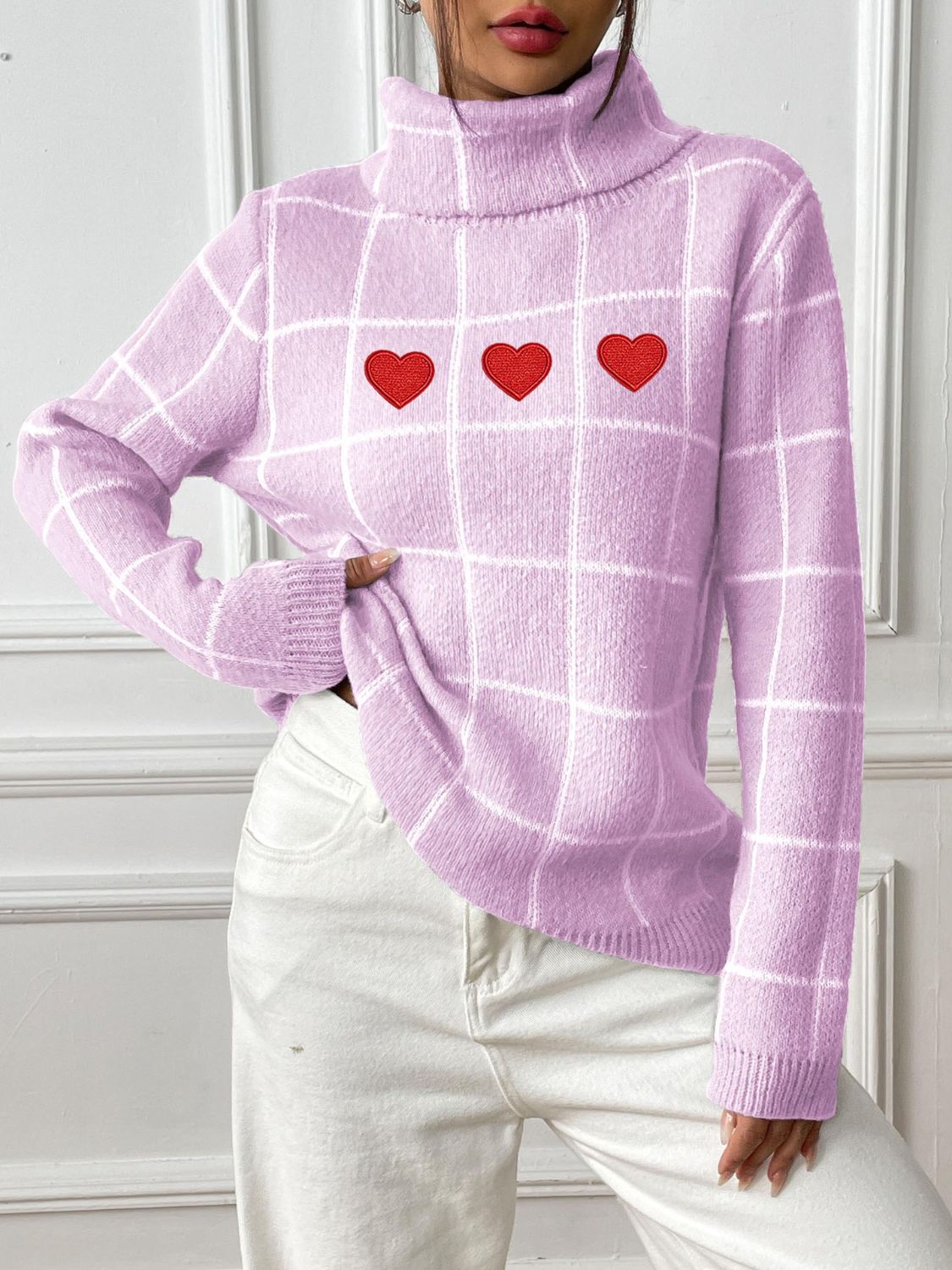 Suéter de manga larga con cuello alto y cuadros escoceses en forma de corazón