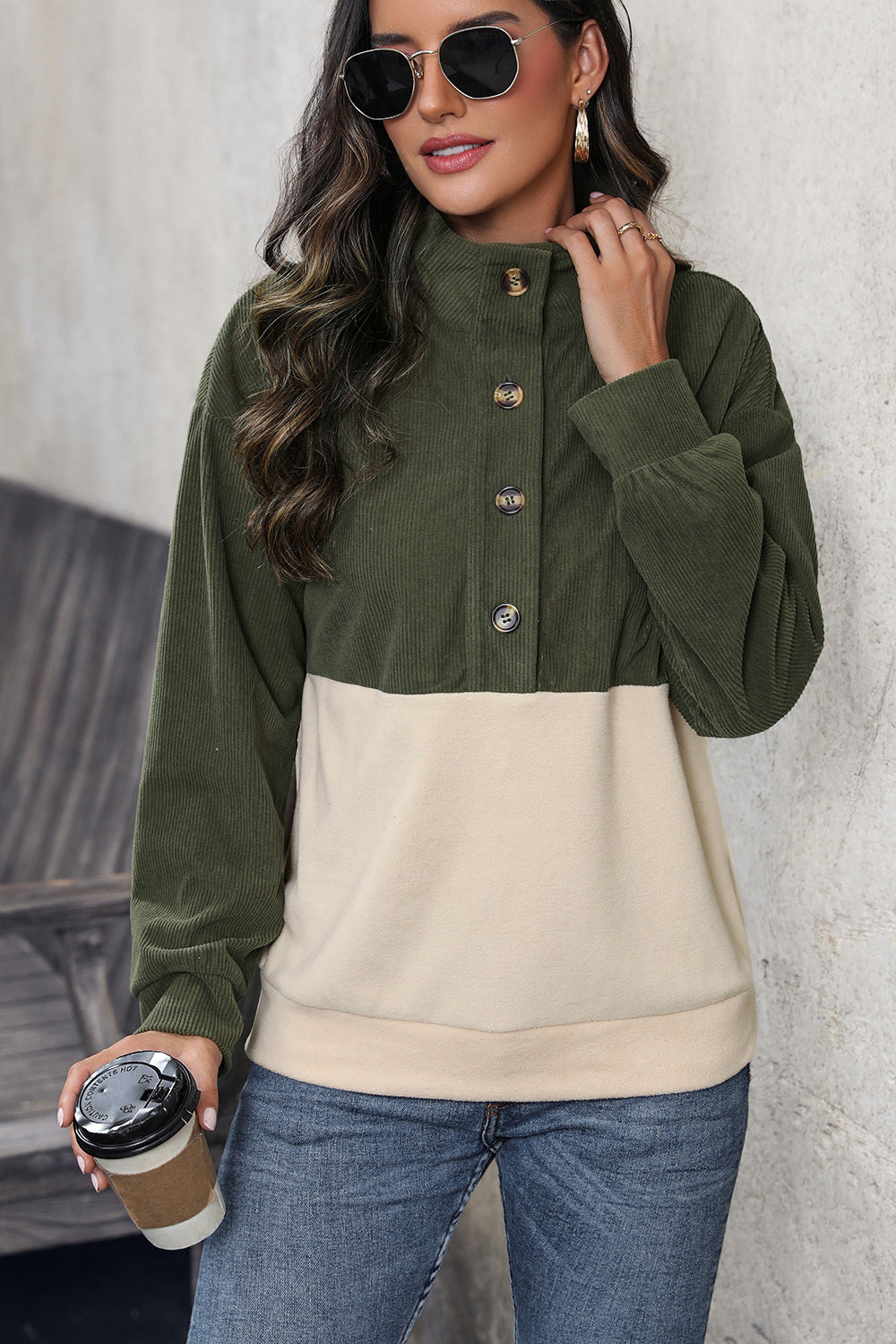 Sudadera con medio botón y diseño de bloques de color acanalados Perfee
