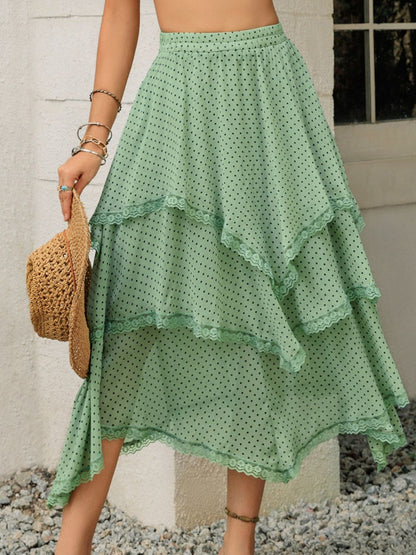 Falda estampada con capas y detalle de encaje