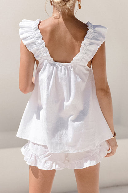 Conjunto de top y pantalones cortos con escote cuadrado y volantes