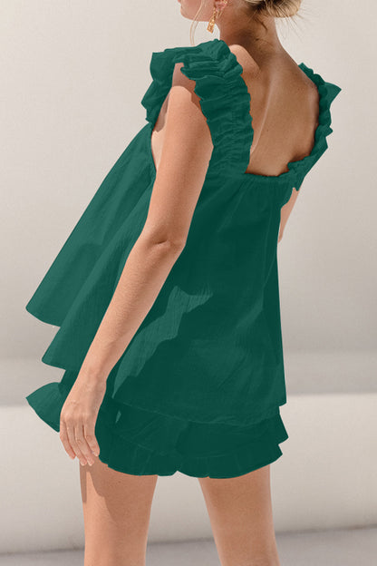 Conjunto de top y pantalones cortos con escote cuadrado y volantes