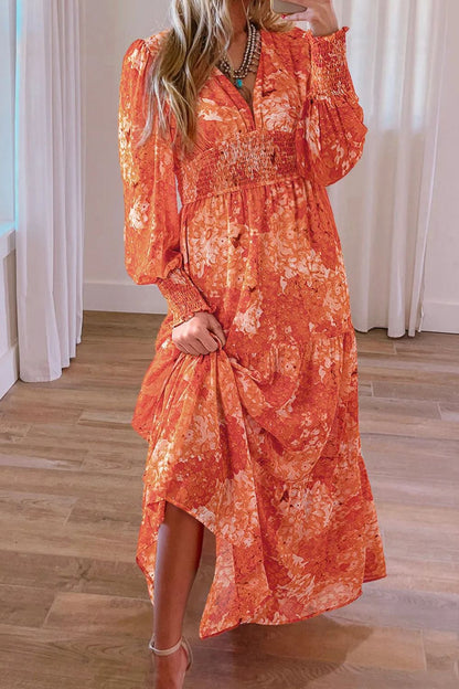 Vestido de manga larga con escote en V y estampado fruncido