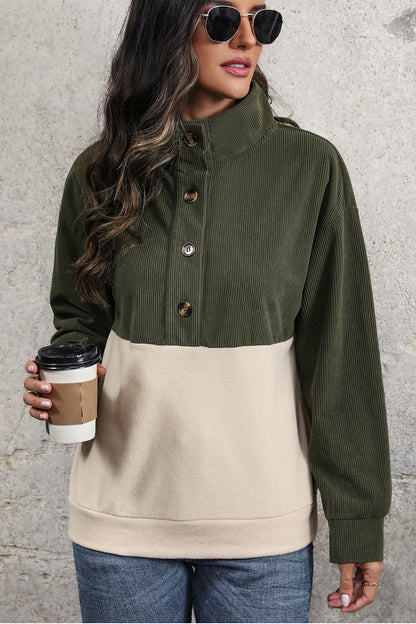 Sudadera con medio botón y diseño de bloques de color acanalados Perfee