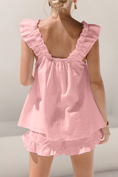 Conjunto de top y pantalones cortos con escote cuadrado y volantes