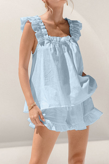 Conjunto de top y pantalones cortos con escote cuadrado y volantes