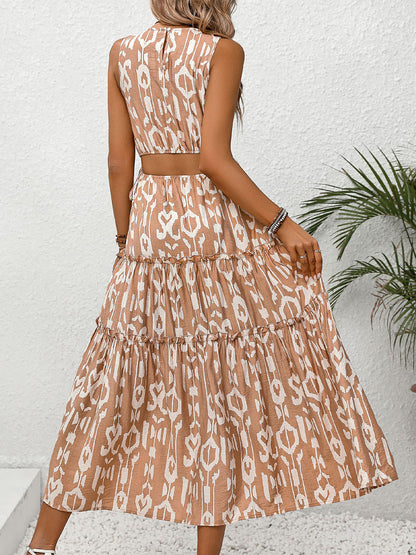 Vestido sin mangas con cuello redondo, estampado y aberturas con volantes Perfee