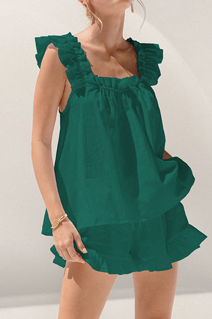 Conjunto de top y pantalones cortos con escote cuadrado y volantes