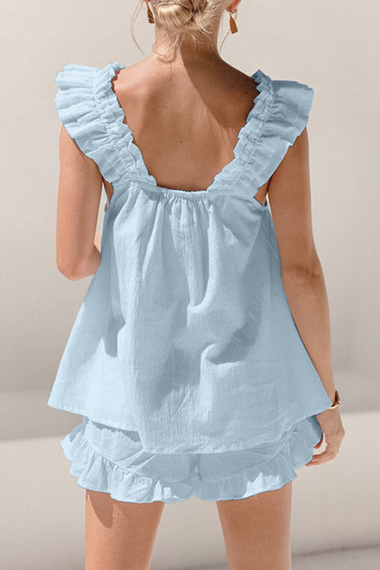 Conjunto de top y pantalones cortos con escote cuadrado y volantes