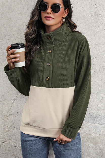 Sudadera con medio botón y diseño de bloques de color acanalados Perfee