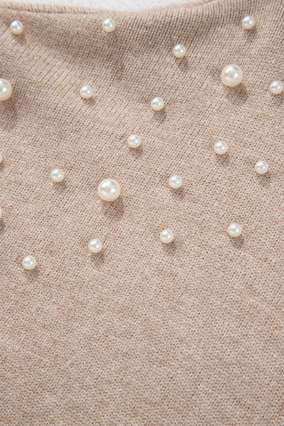 Suéter de manga larga con cuello redondo y detalle de perlas en talla grande