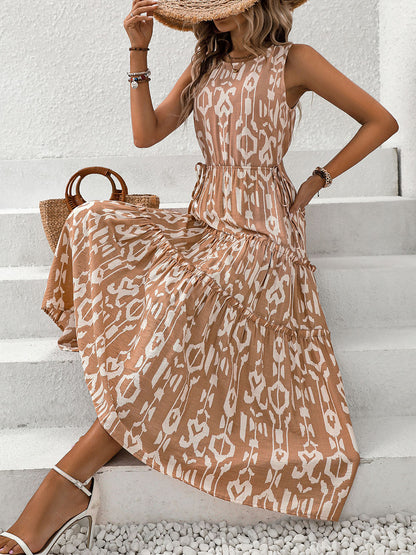 Vestido sin mangas con cuello redondo, estampado y aberturas con volantes Perfee
