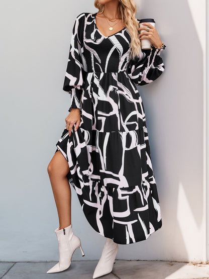 Vestido midi de manga larga con estampado fruncido Perfee