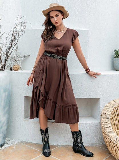 Vestido midi de talla grande con escote en V y mangas cortas con volantes