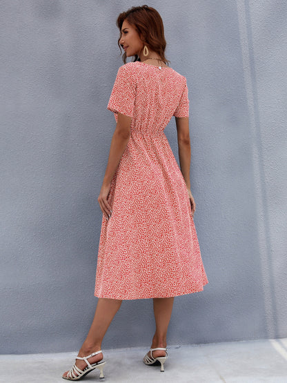 Vestido midi de manga corta con cuello redondo y estampado de miel